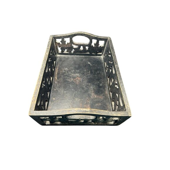 Black Carved Weathered Wood Box Tray Open work Handles Leaves Vine 12 x 8 x 3" - Picture 1 of 11